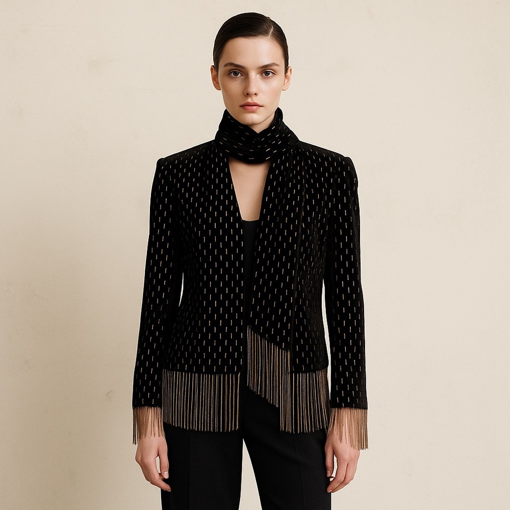 House of Harlow 1960 Black and Gold Blazer with beaded fringe